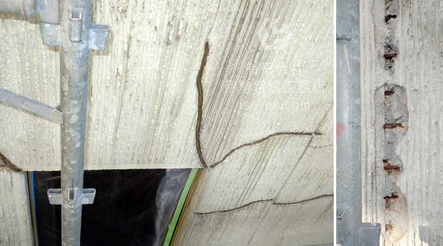 コーキングの跡がありながらも再び亀裂が伸びたRC造の壁