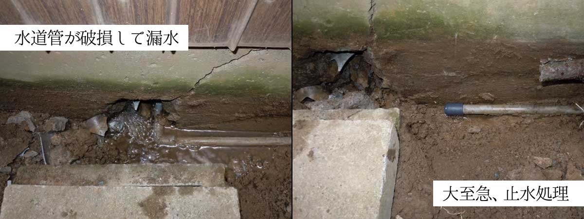 漏水修理後のコンクリートと雨漏り・シロアリ対策後の外壁