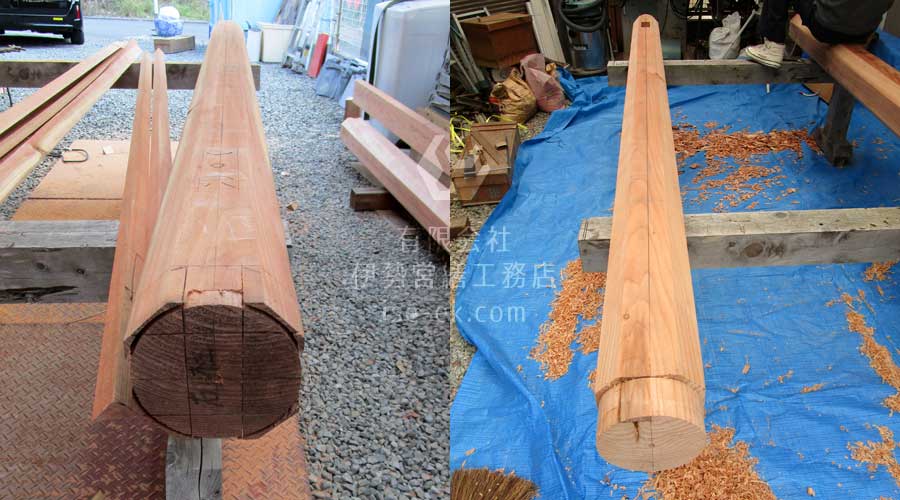 八角形の柱を円柱に加工する作業