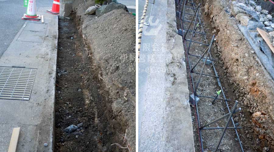 ブロック塀を撤去し、基礎を打つために鉄筋を組む作業