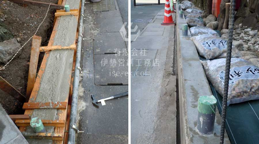 コンクリート型枠を設置し、コンクリートを流し込む作業