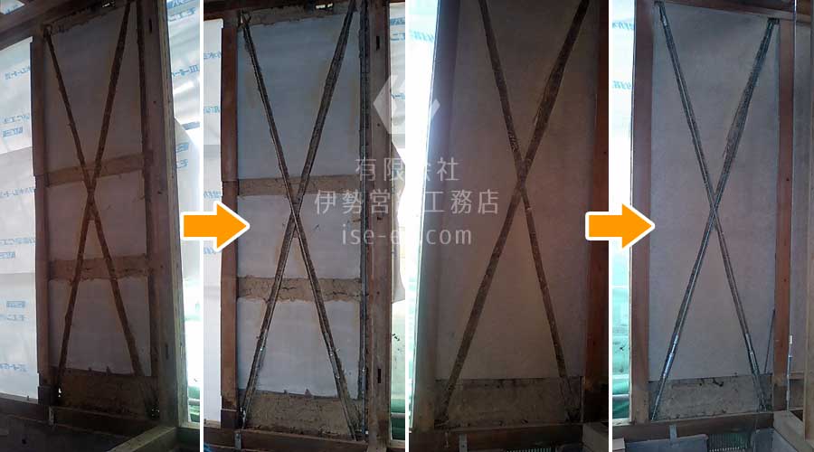 土壁を削り、建物の内側からUY-RODを施工