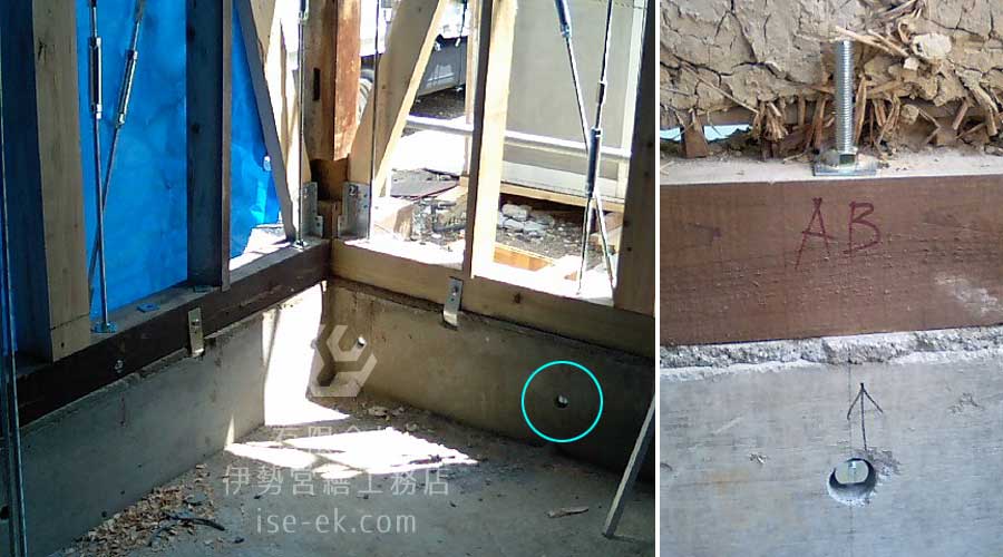 ベタ基礎に小さな穴を開け、アンカーボルトを施工