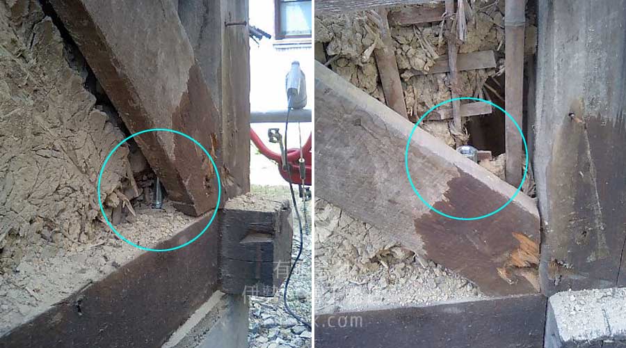 筋交いと土壁の間の狭小部分にUY-RODを施工