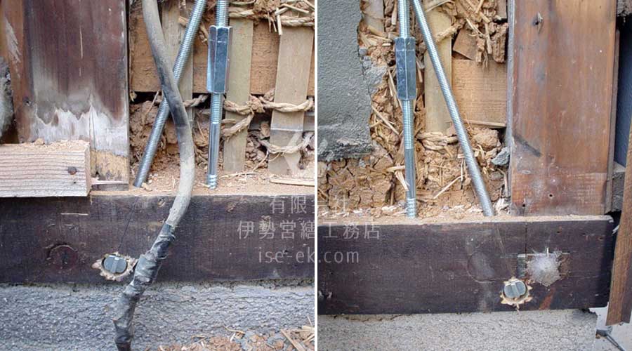 アンカーボルトを基礎下部へ入れ、寸切りボルトと連結