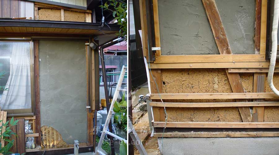 トタンの下に土壁がある、断熱材普及前の一般的な構造