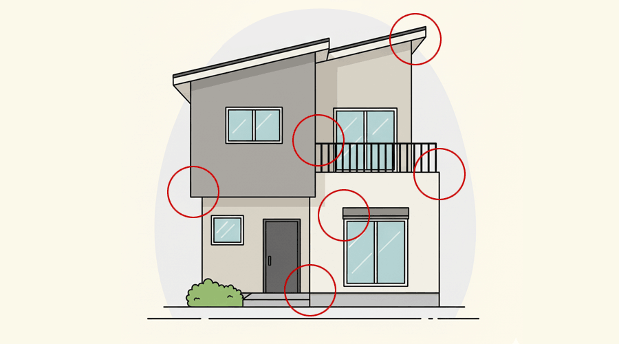 建物のサッシ周りのシーリングが劣化し、ひび割れている様子