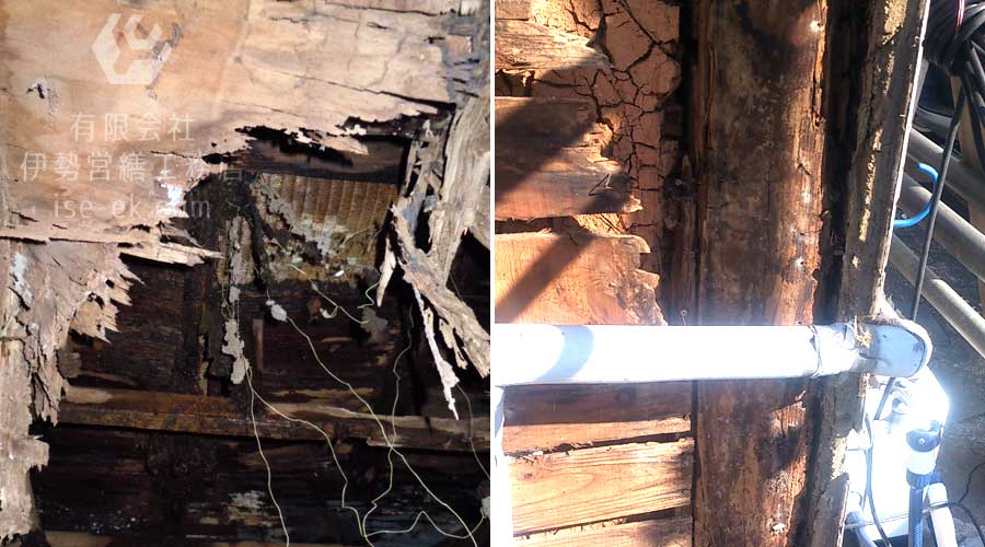 瓦屋根の防水シートが劣化している様子