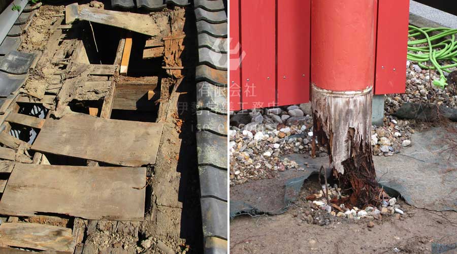 雨漏りにより腐食し、ボロボロになった木材の柱