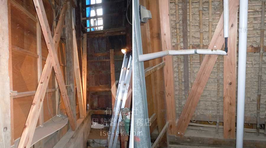 適切な場所に筋交いを施工した壁の内部